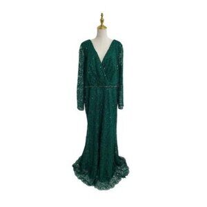 Mac Duggal #68016 Emerald Green Beaded Embroidery Illusion Sleeve Dress Size 24